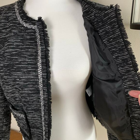 Frenchi Size L Tweed Crop Blazer Jacket Black and White Fringe Trim Preppy Fall - Picture 7 of 10